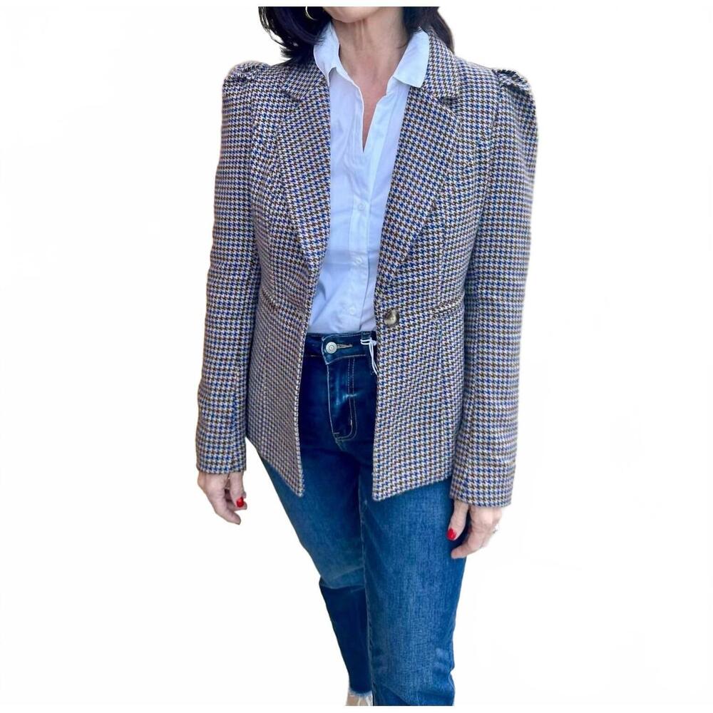 NEW &MERCI cabane puff sleeve blazer in brown cobalt blue